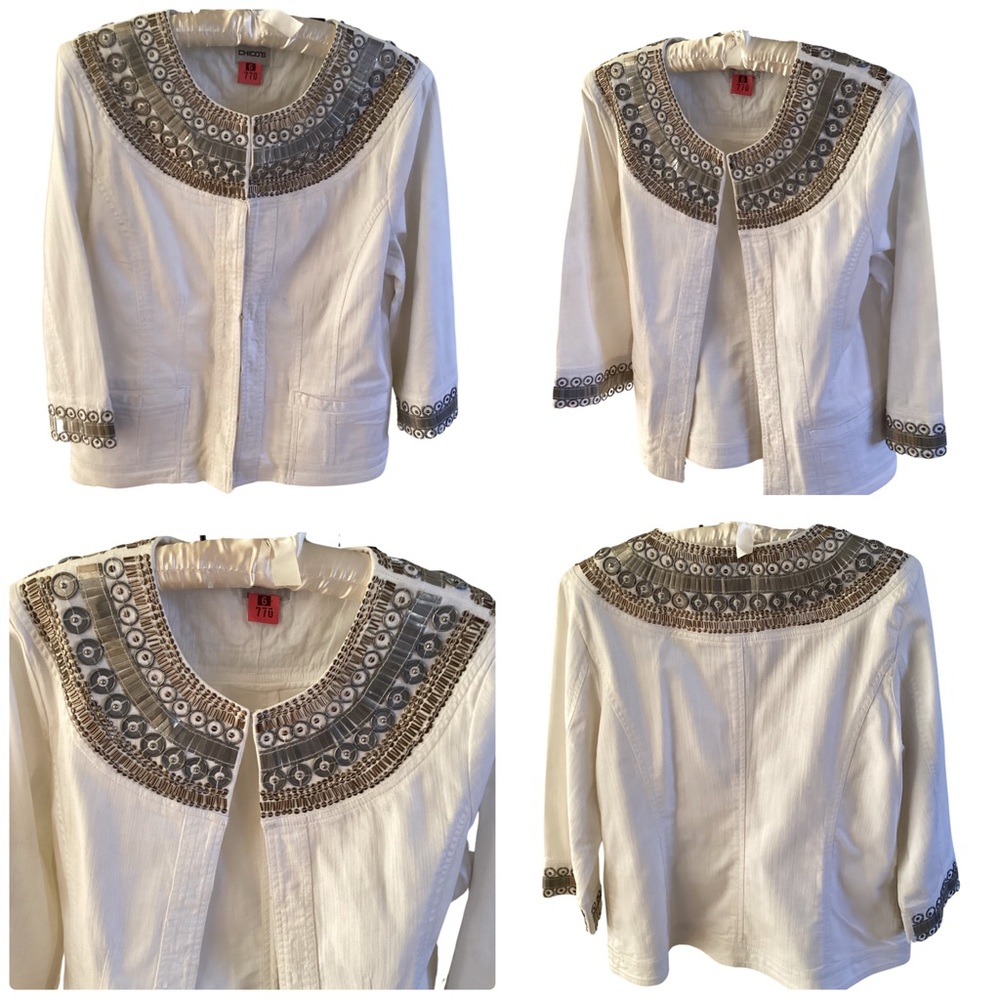 🌂 Chico’s Beaded Jacket Front Pockets Eye-hook Closure Size Small